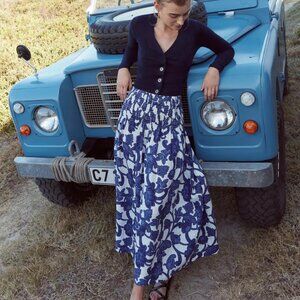 Boden Shirred Waist Linen Midi Skirt Blue Ribbon, Paisley Whirl Size 4 NWT